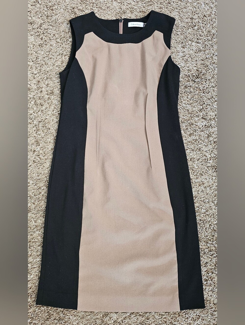 Calvin Klein Tan black block dress sz M Sheath 6 office sleeveless Coctail Mediu